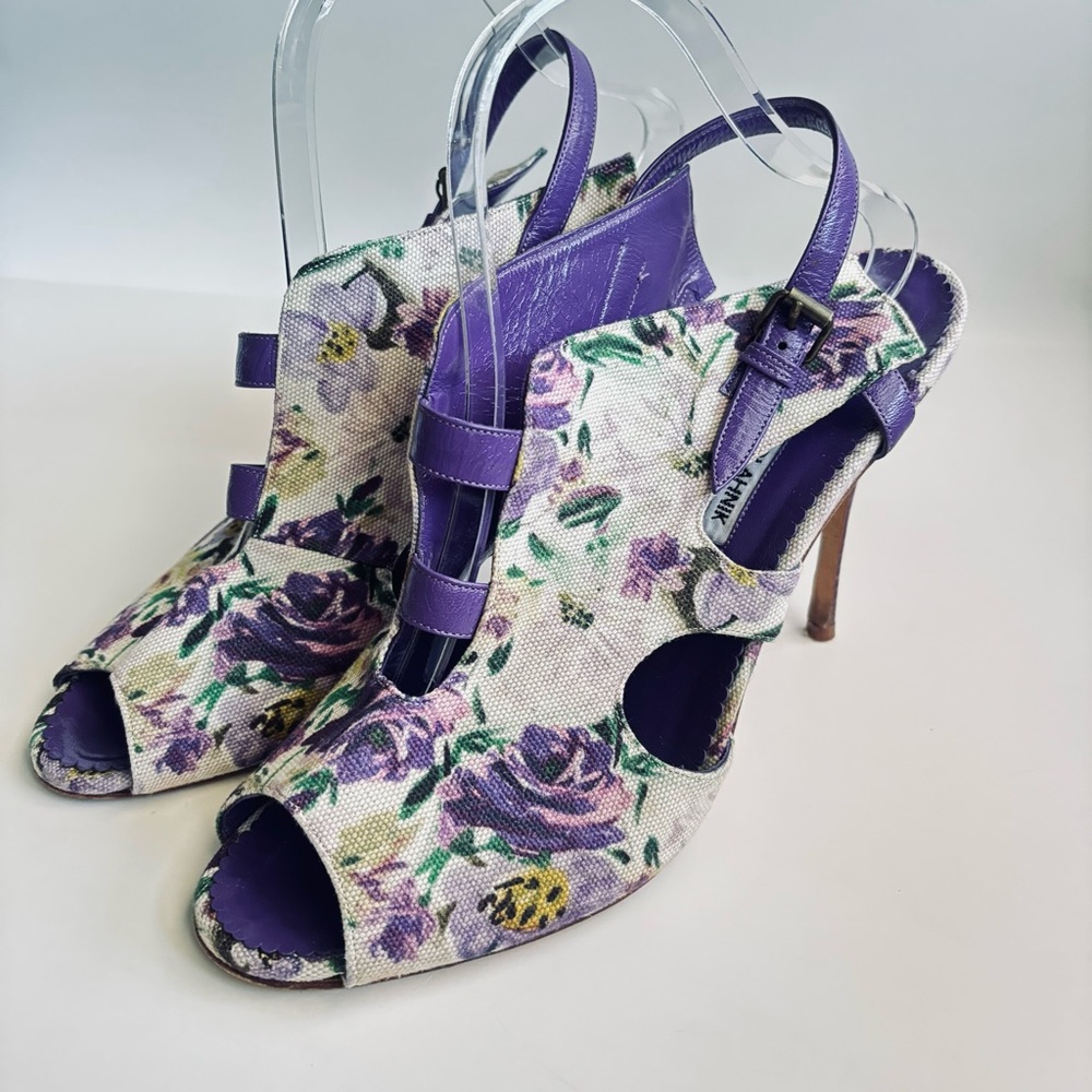 Manolo Blahnik Floral Cotton Slingback Purple Heels Sandals Shoe Size 11.5 - Picture 1 of 15